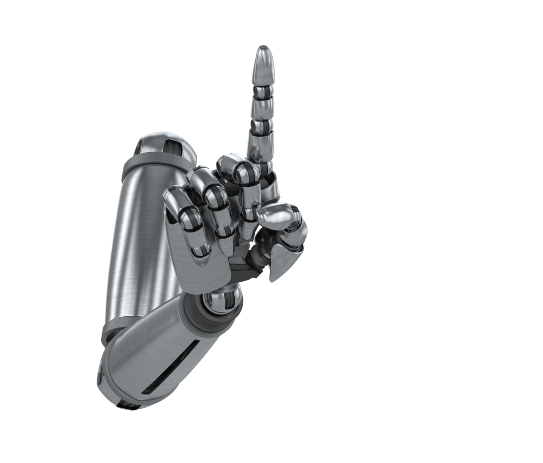 Silver Robot Arm Pointing Up on Transparent Background