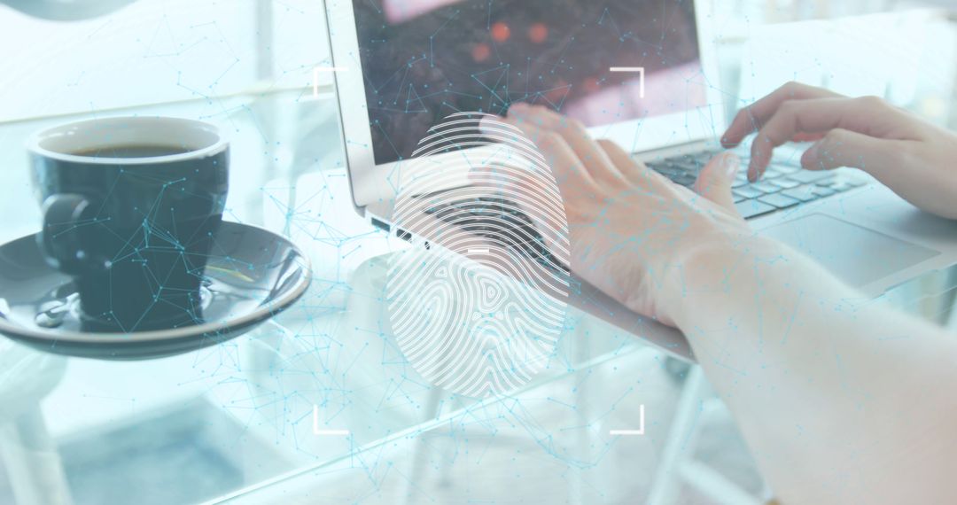Woman Using Laptop with Fingerprint and Network Graphic Overlay