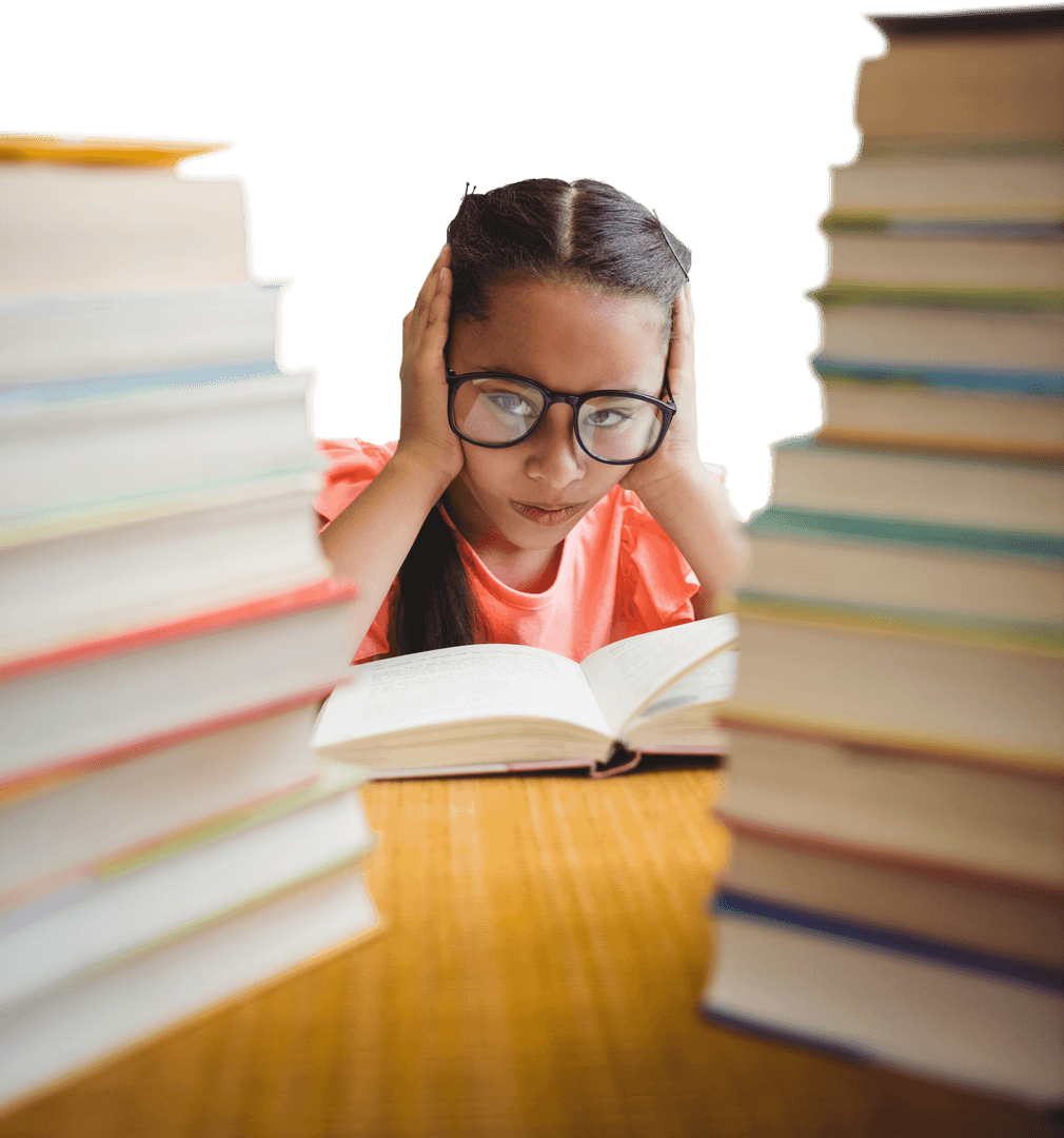 Frustrated Transparent Student Surrounded by Stacked Books