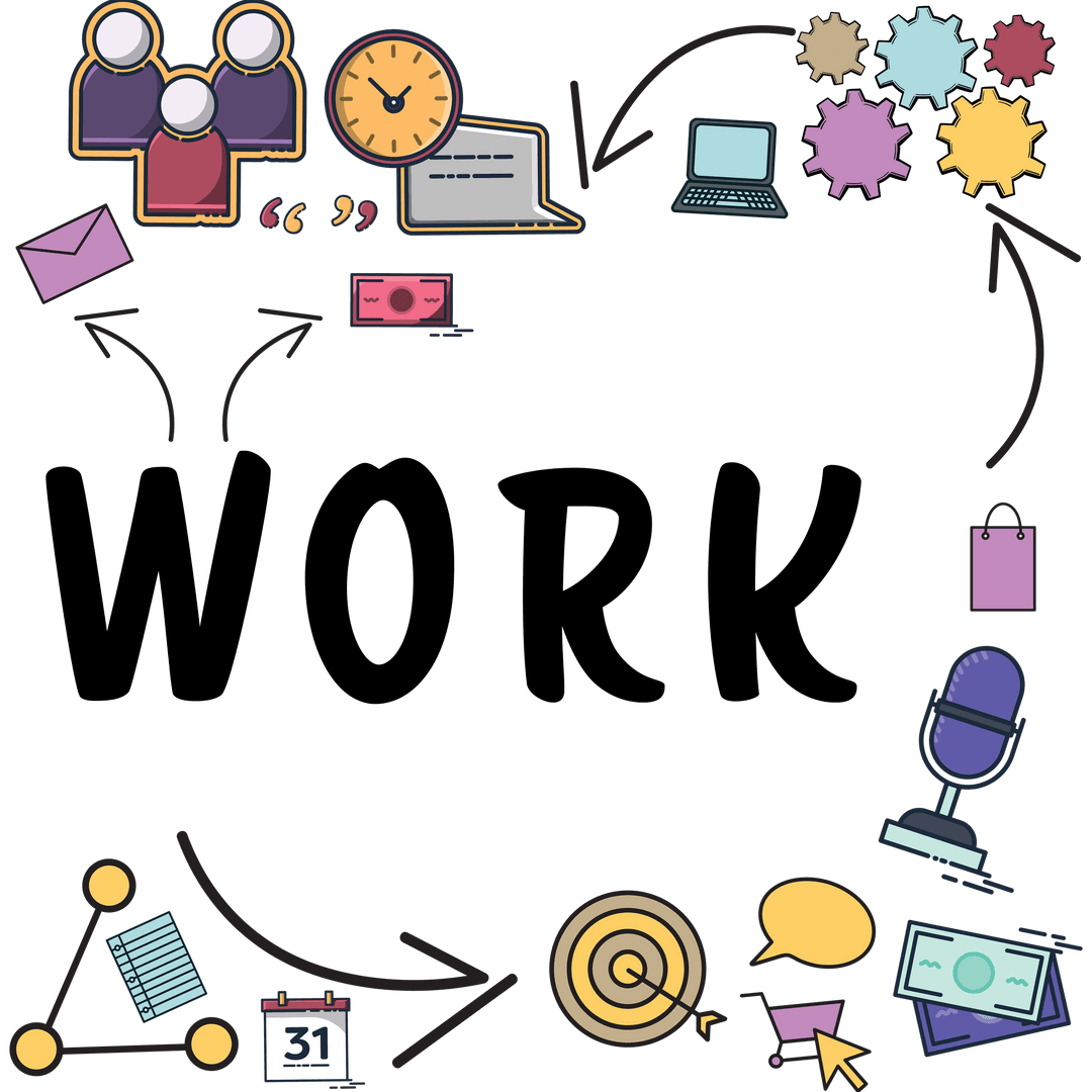 Flowing work process block chain with business task icons on transparent background