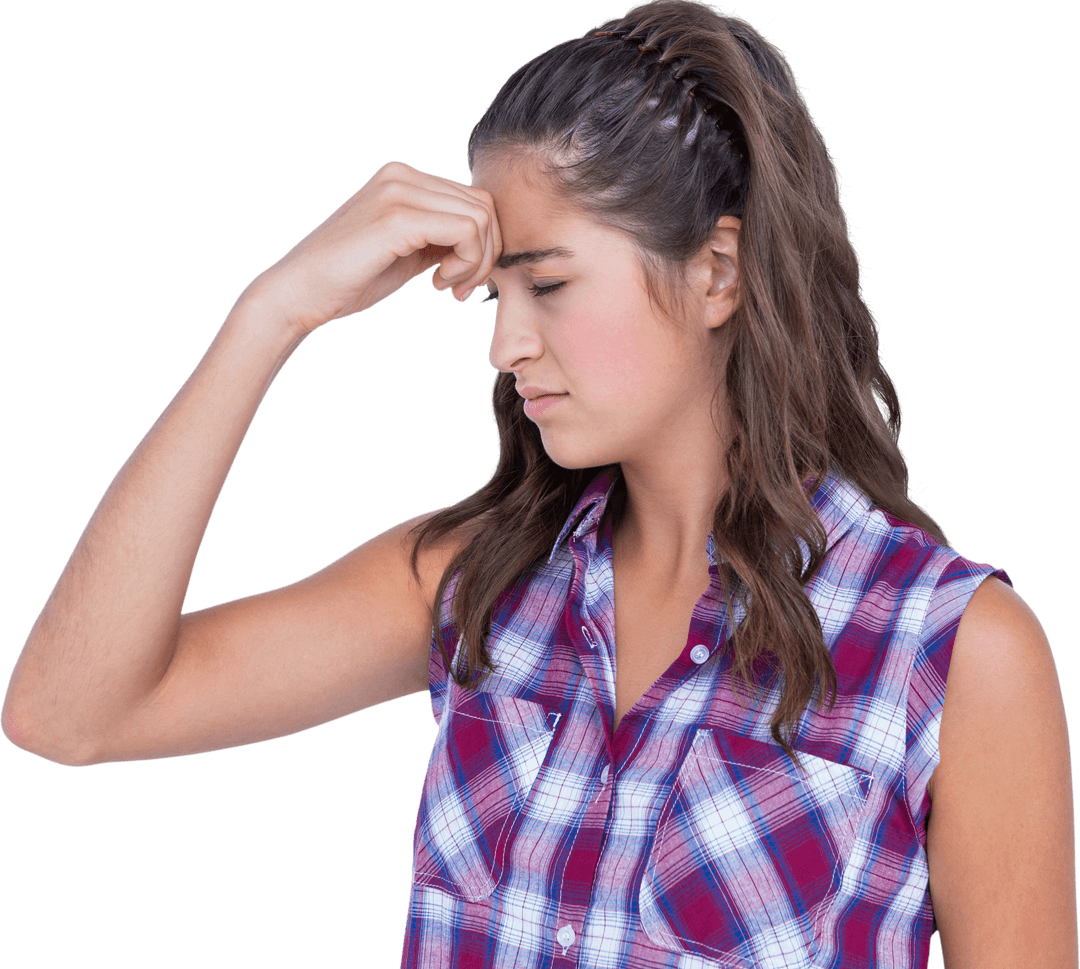Stressed Caucasian Woman Touching Forehead on Transparent Background