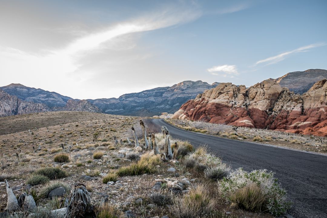 Empty Desert Road Winding Through Red Rock Canyon at Sunset - Free Images, Stock Photos and Pictures on Pikwizard.com