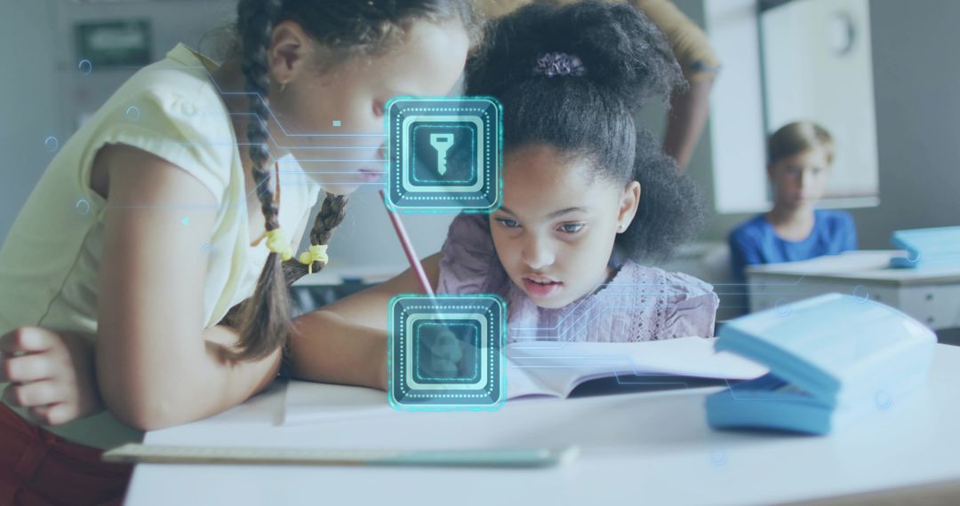 Girls collaborating over open textbook with AR learning icons in modern classroom