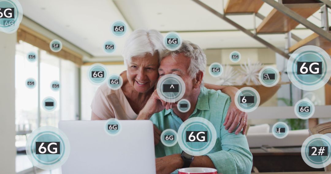Senior Couple Using Laptop with 6G Connections Overlay