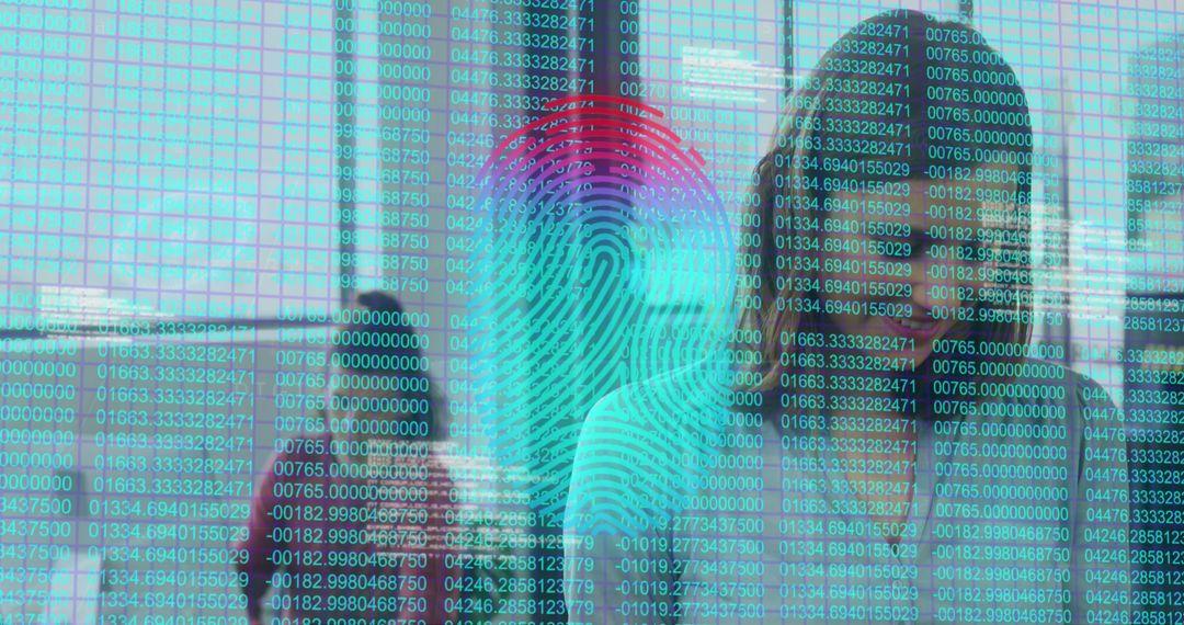 Digitally Enhanced Fingerprint Overlay with Binary Code in Office Environment - Free Images, Stock Photos and Pictures on Pikwizard.com