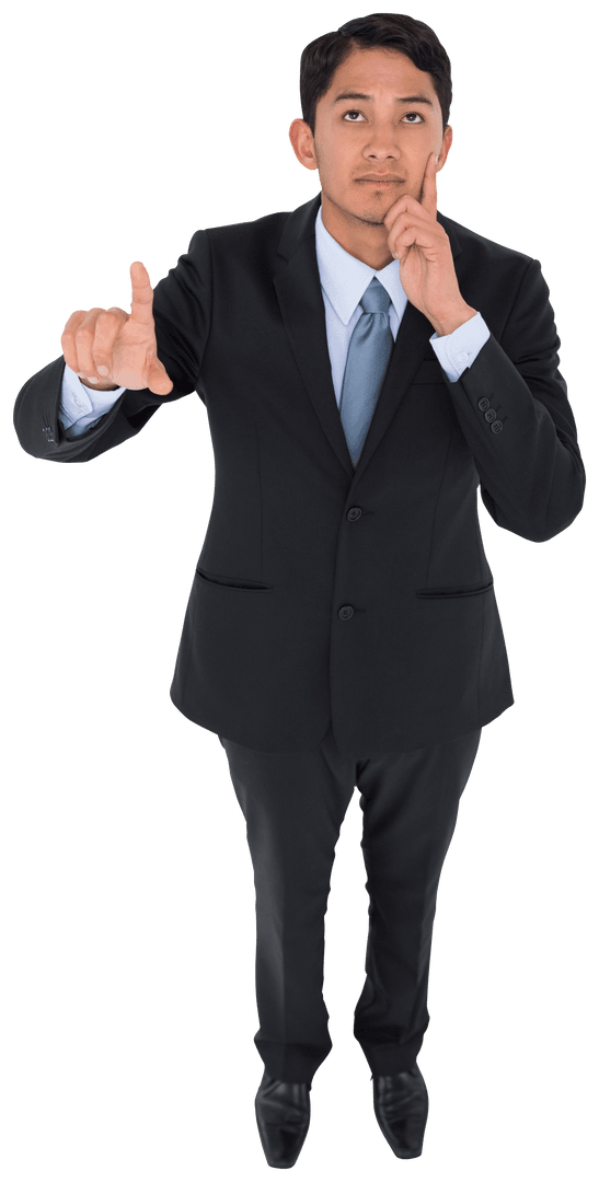 Asian Businessman Pointing on Transparent Background Holding Thoughtful Stance