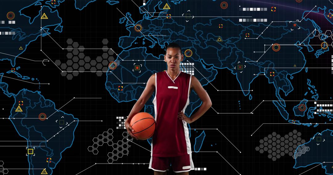 Female Athlete Analyzing Digital Map with Futuristic Data Visualization