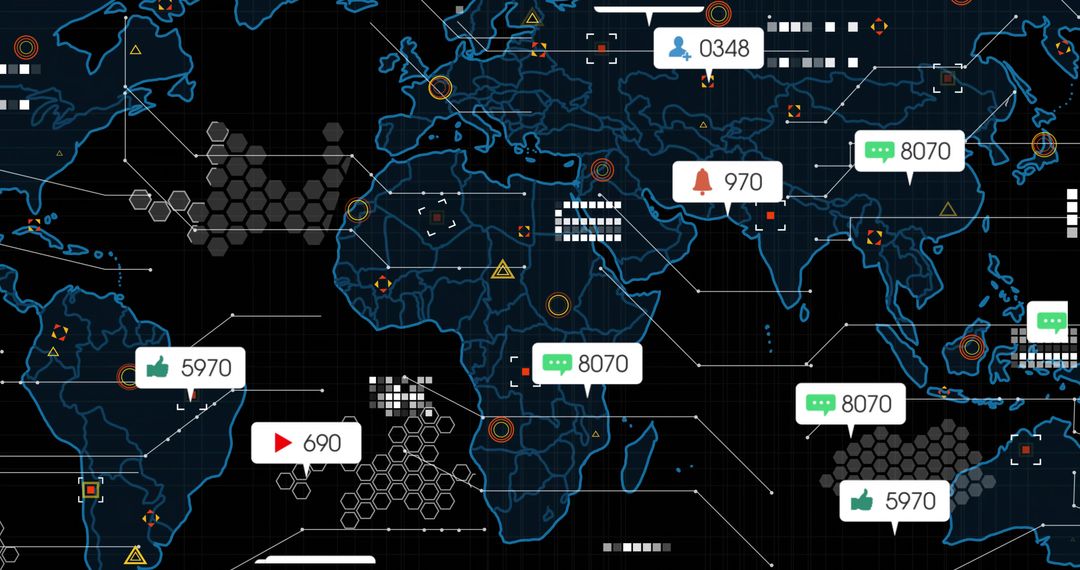 Neon-Blue Global Network Dashboard Showing Social Notifications, Data Streams, Analytics