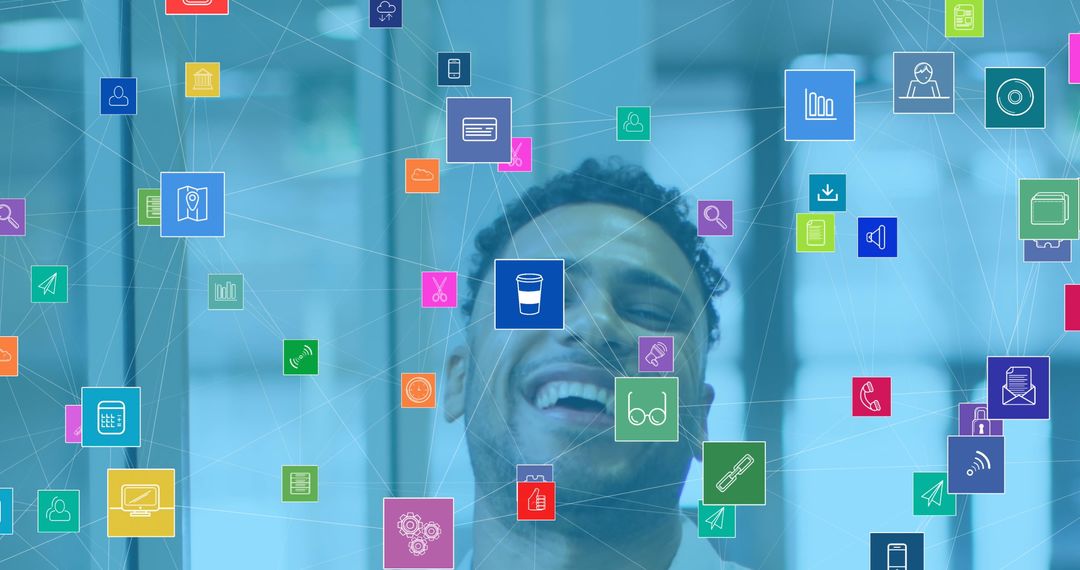 Happy Professional with Networking Technology Icons