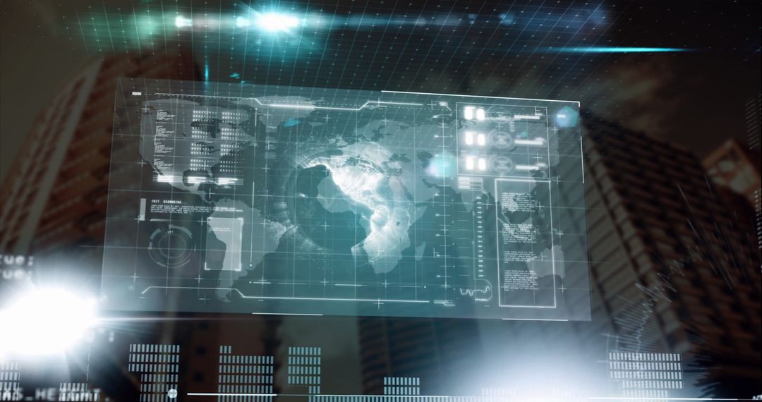 Abstract Digital Interface with Floating Financial Data in Cityscape