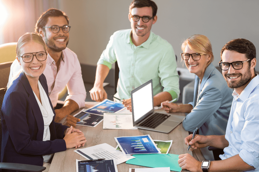 Transparent Joyful Team Collaboration in Modern Office Setting
