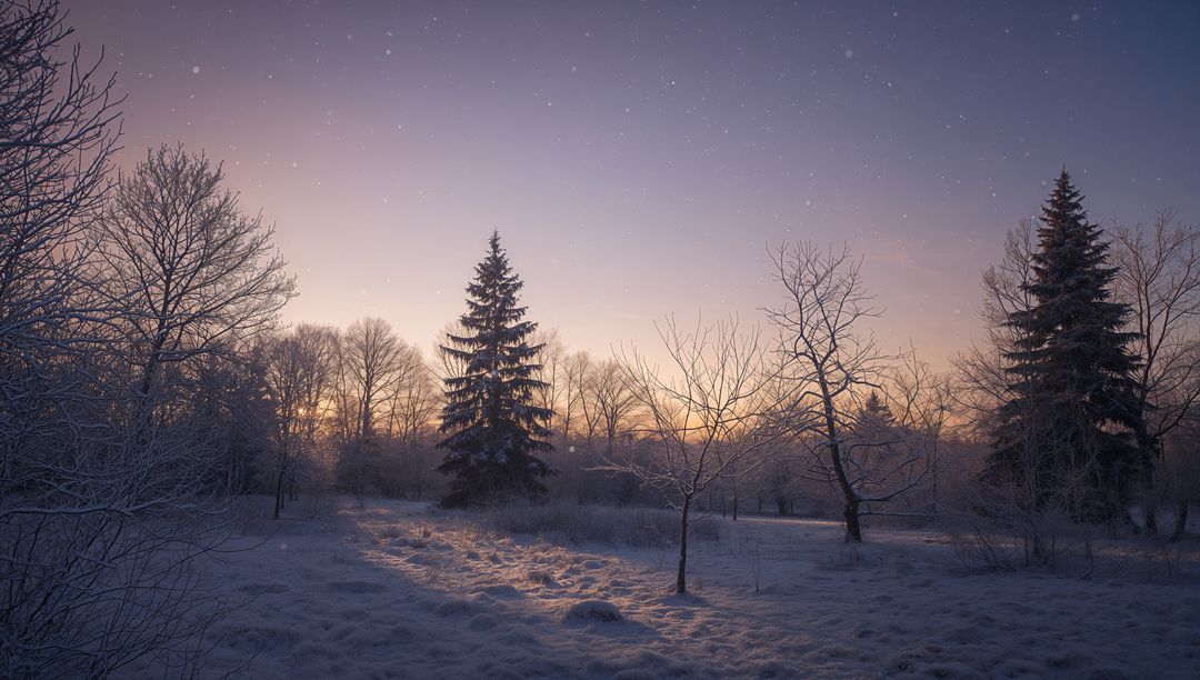 Twilight winter meadow with solitary fir tree under starry sky and frosted snow field