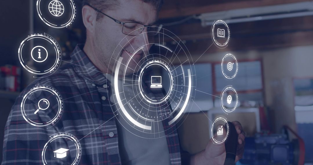 Mature technician interacting with holographic HUD interface in makerspace workshop