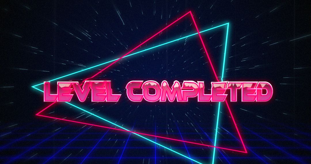 Retro Level Completed Text with Neon Triangles in Hyperspace