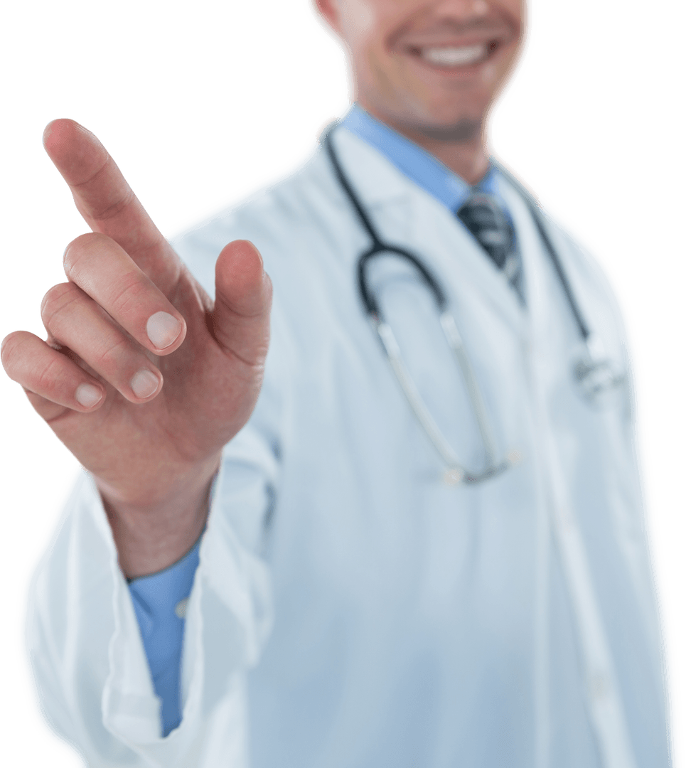 Transparent Midsection Doctor Touching Digital Interface with Focused Gesture