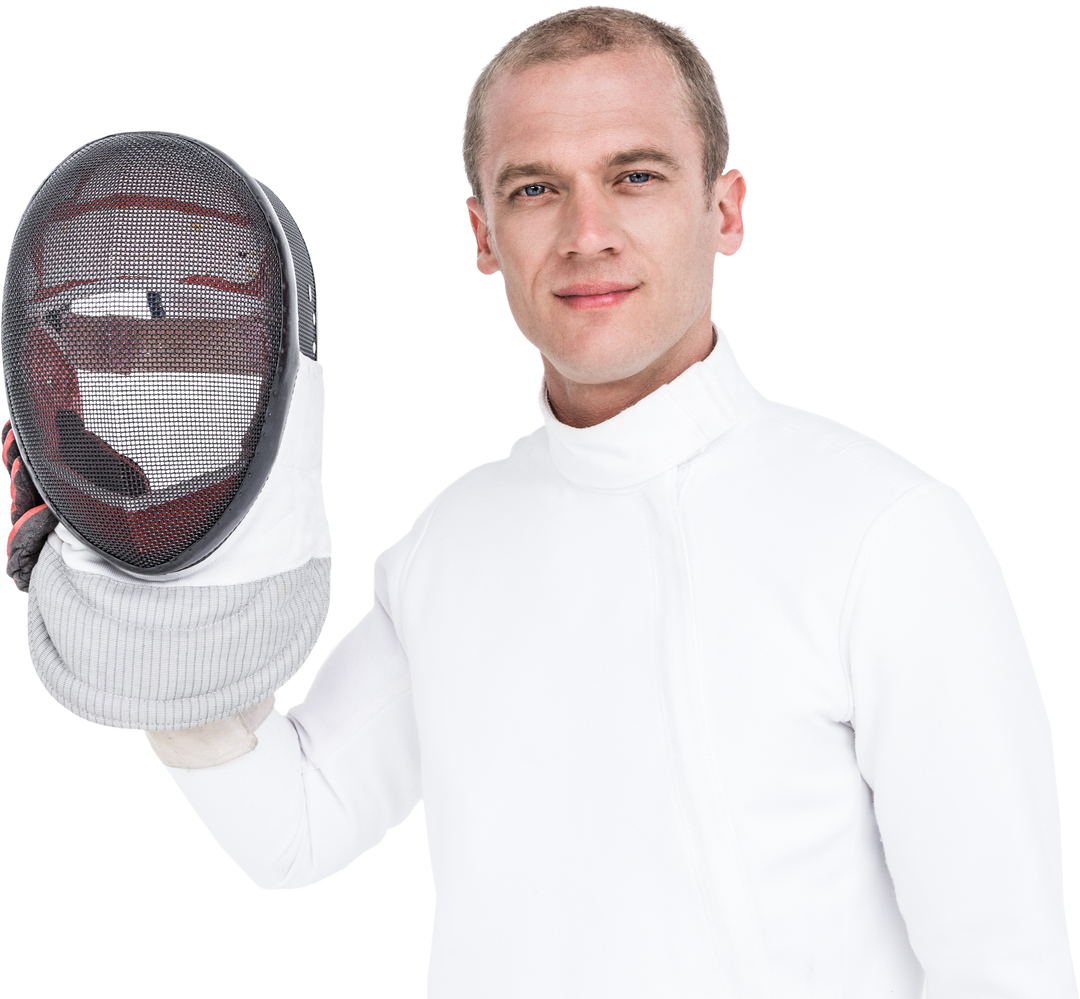 Fencer Holding Transparent Mask in White Uniform - Download Free Stock Images Pikwizard.com