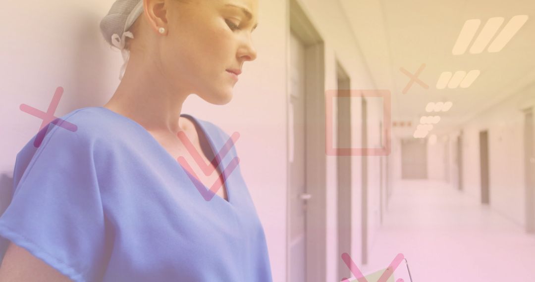 Nurse in Scrubs Reviewing Records with Digital Overlay Elements