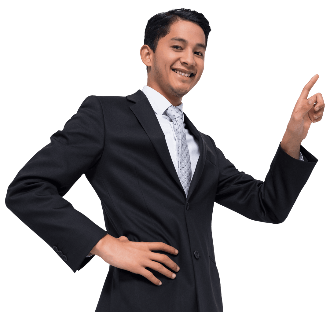 Happy Asian Businessman Pointing Finger on Transparent Background