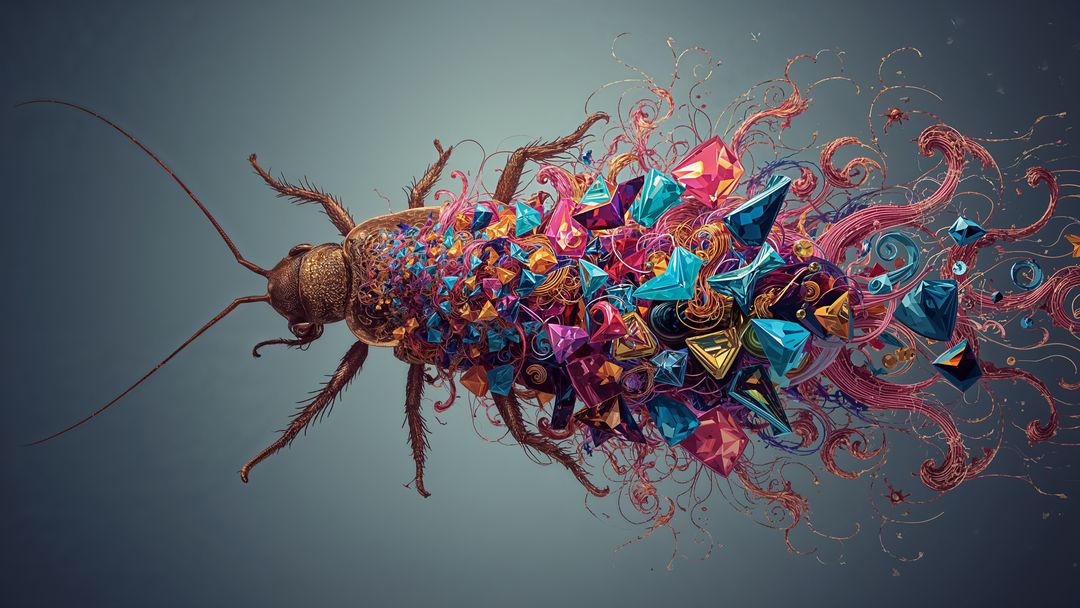 Futuristic abstract cockroach insect with crystal shards and tendrils