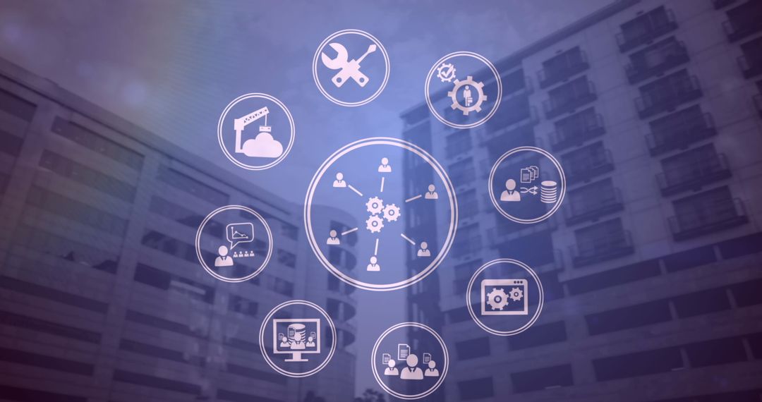 Digital Interface Icons Superimposed Over Office Buildings