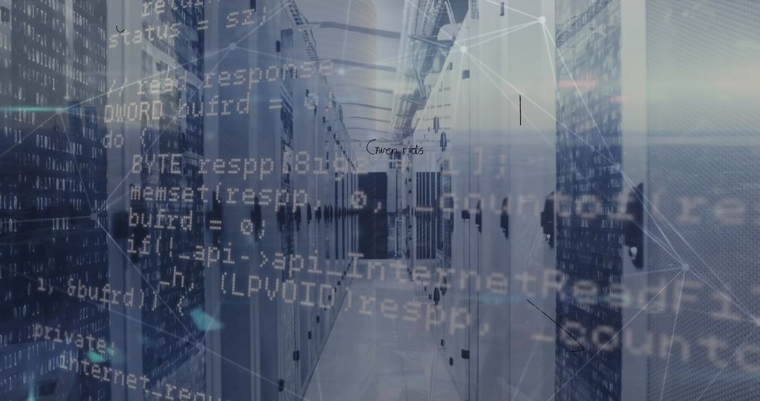 Digital Overlay: Data Codes Overlaid on Server Room