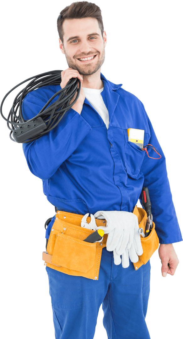 Smiling Repairman with Transparent Background Holding Cable Coil