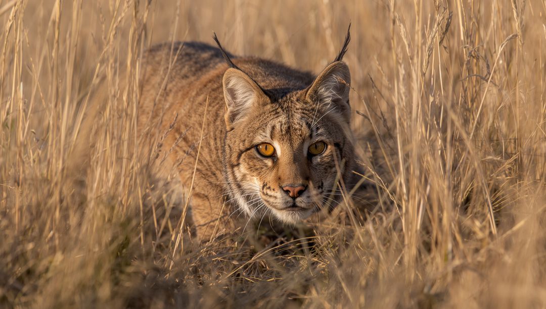 Crouching Eurasian Lynx stalking through golden grassland, tufted ears and intense gaze