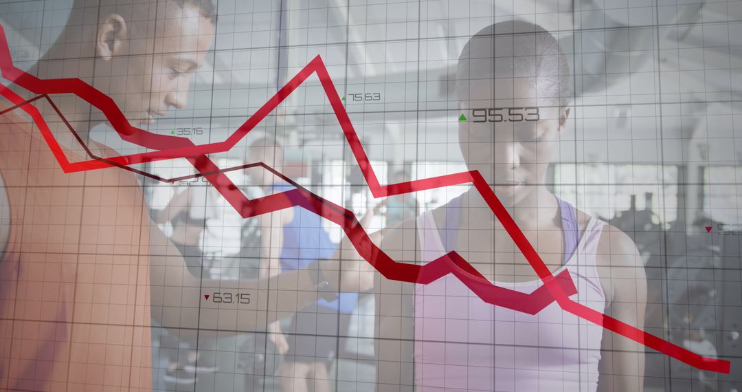 Financial Graphs Overlain on Diverse Gym Training Session