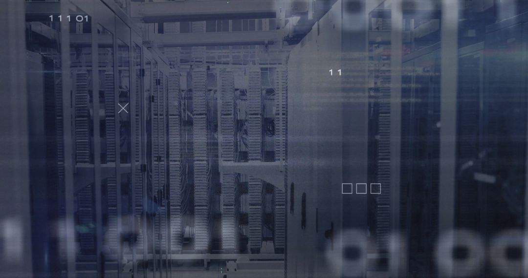Futuristic Data Center with Glowing Server Racks and Digital Overlay