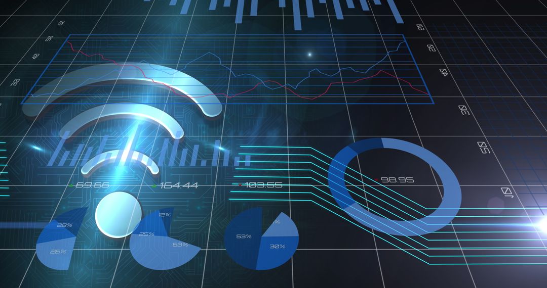Futuristic WiFi Icon and Graphs on Digital Interface