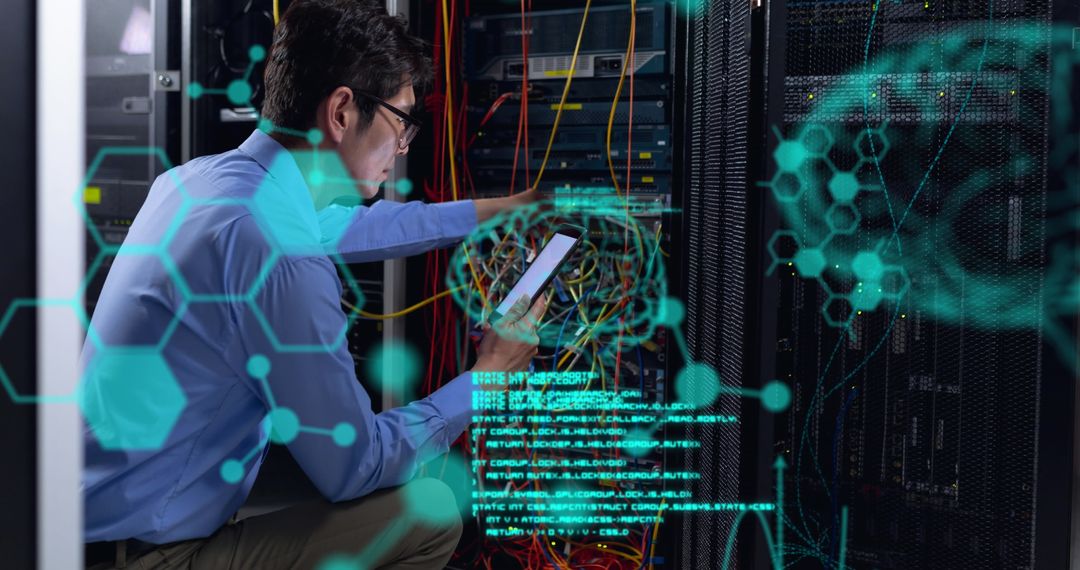 Asian Technician Analyzing Data Server with AI Technology Overlay