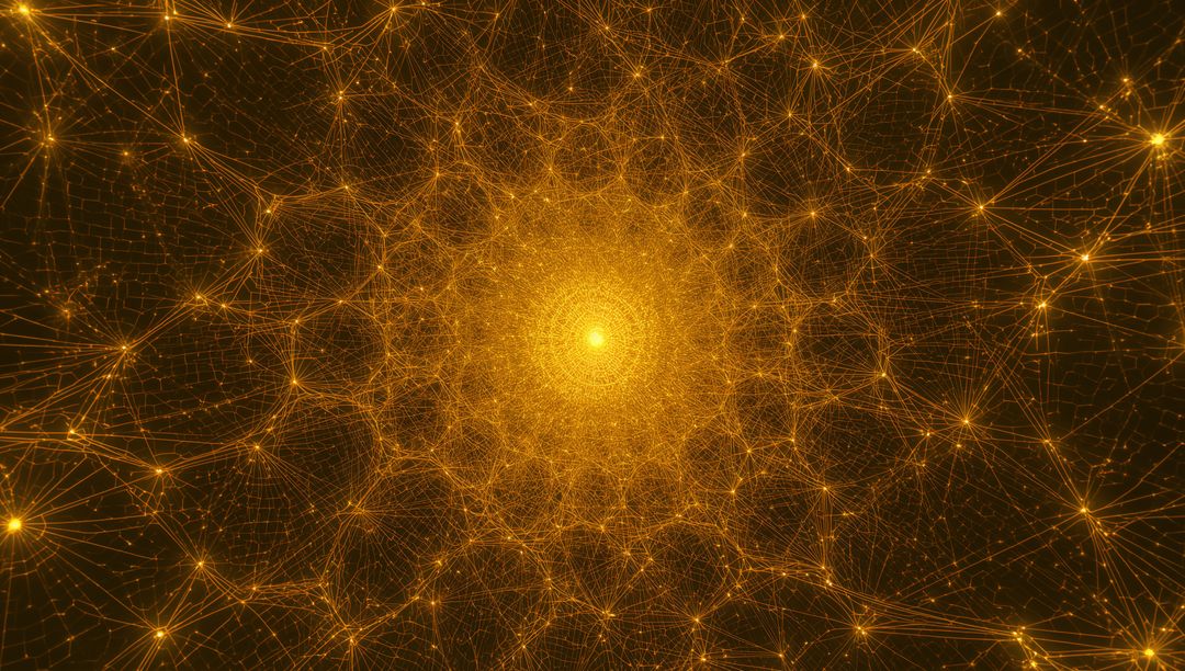 Golden Fractal Network Radiating Central Core with Hexagonal Lattice and Glowing Nodes