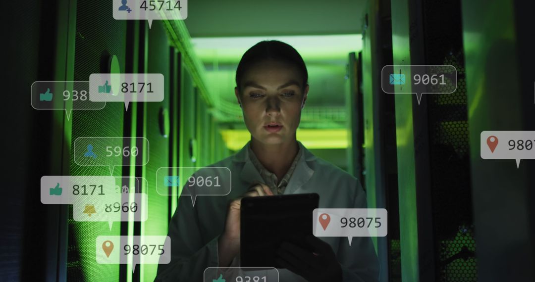 Scientist Analyzing Data on Tablet in High-Tech Server Room