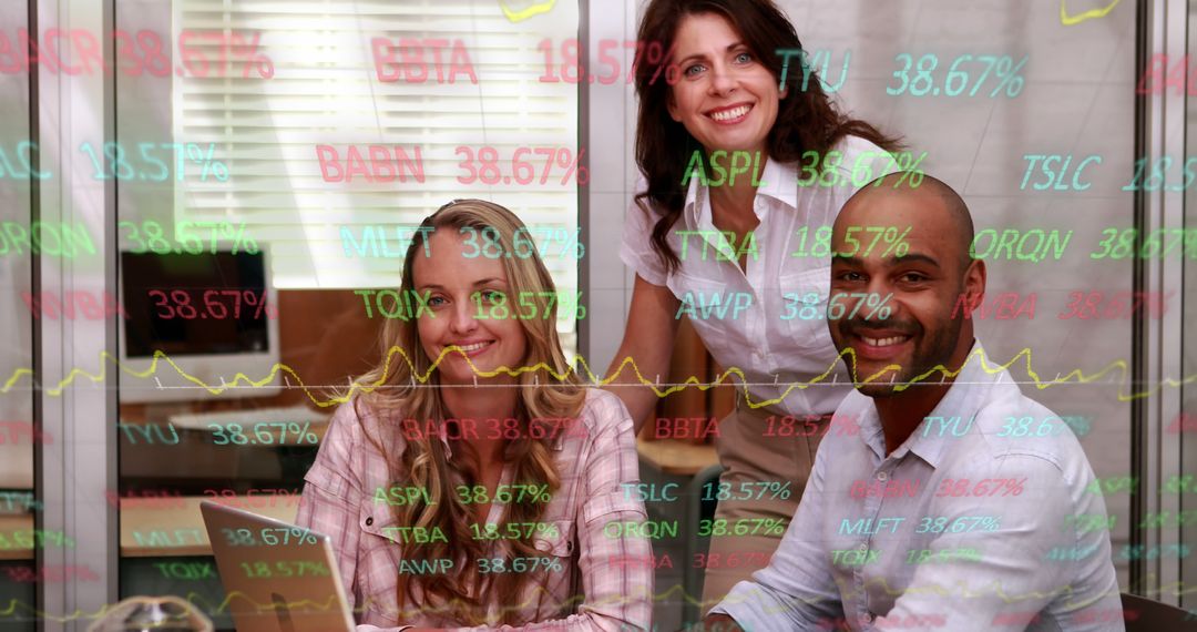 Image of stock market data processing over diverse colleagues discussing and smiling at office - Free Images, Stock Photos and Pictures on Pikwizard.com