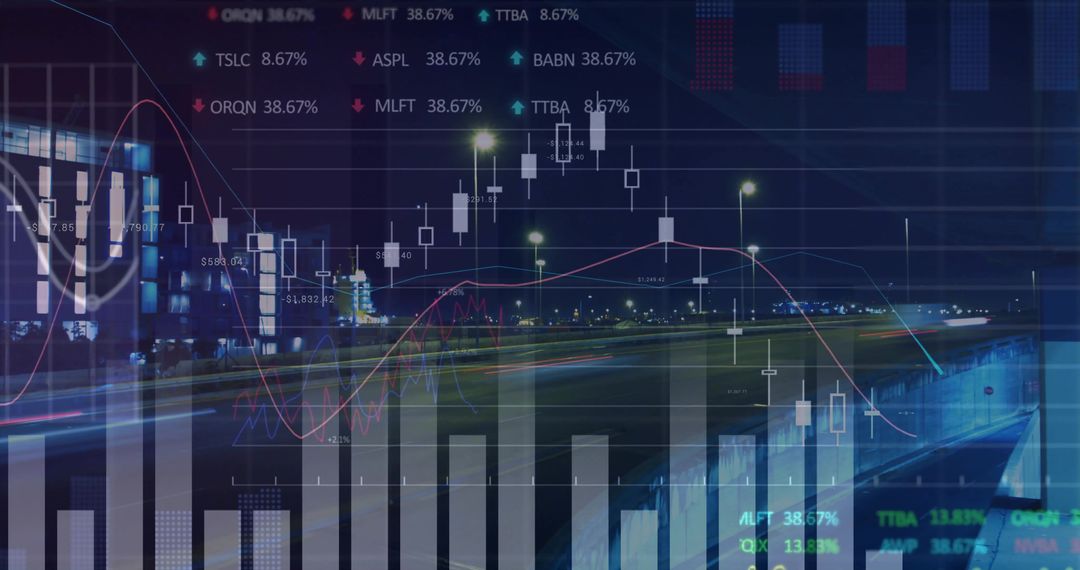 Financial Candlestick Charts and Data Visualization on Nighttime Runway