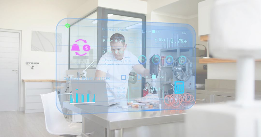 Mature man using laptop with holographic analytics HUD in modern minimalist kitchen