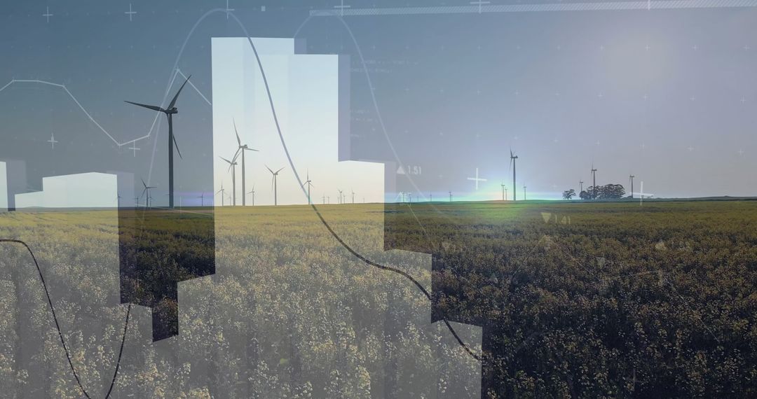 Wind Turbines Over Croplands with Data Graph Overlay