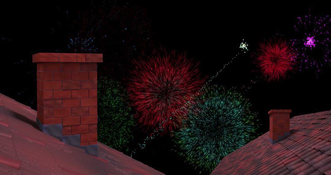 Colorful Fireworks Exploding Over Rooftops at Night