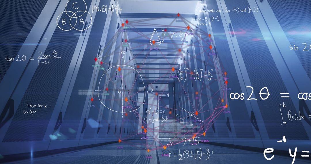 Futuristic Network Graph with Formulas Under Blue Light