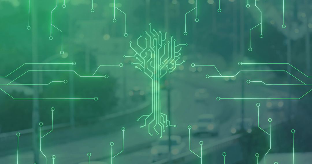 Digital Circuit Tree Over City Highway Symbolizing Urban Connectivity
