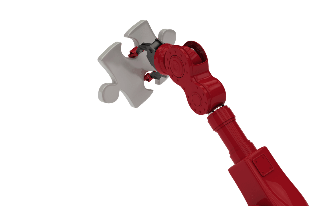 Red Robotic Arm Holding Puzzle Piece Transparent Background