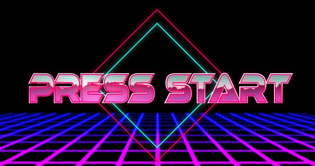 Retro Press Start with Neon Grid and Geometric Shape