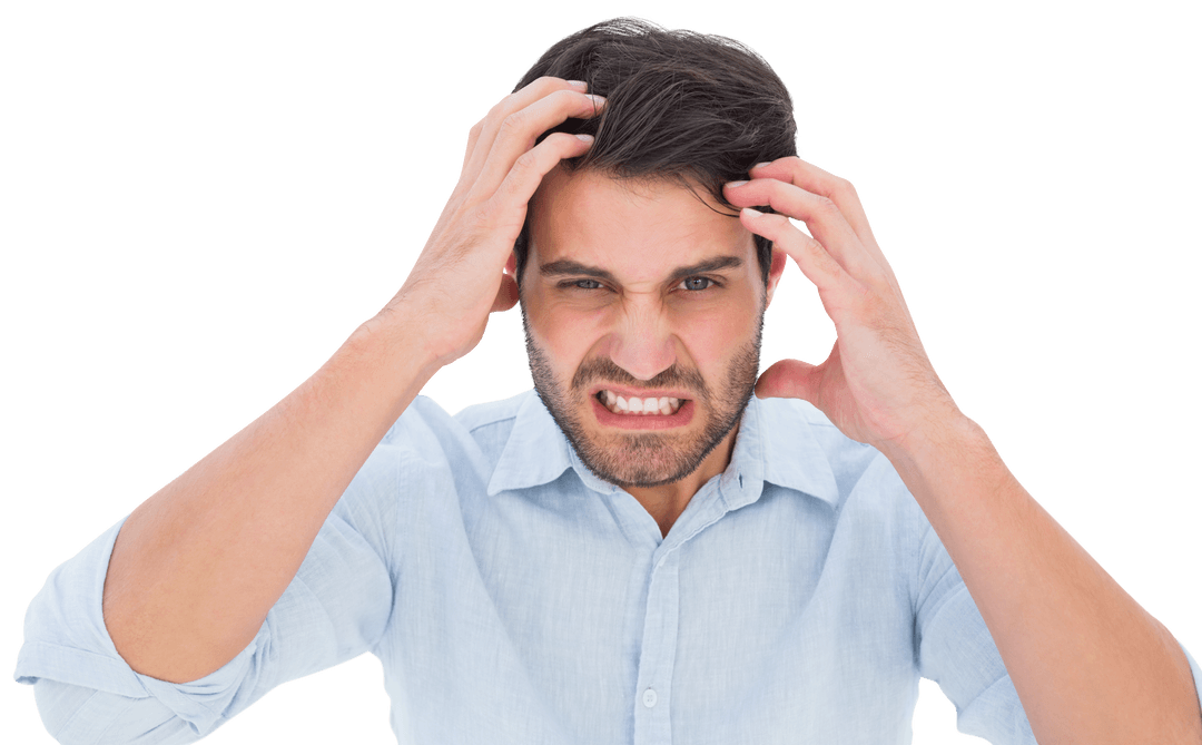 Transparent Background Stressed Man with Hands in Hair