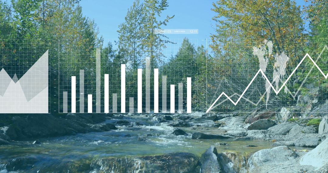 Digital Data Overlay on Serene Mountain Stream Landscape