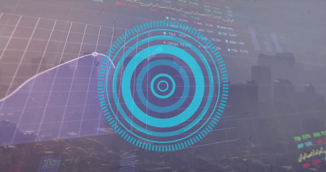 Digital Interface with Financial Data and Urban Skyline Background