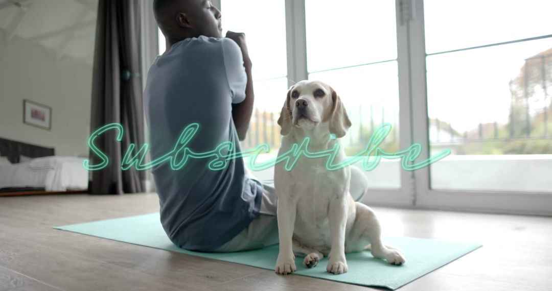 Man Practicing Yoga with Dog at Home and Subscribe Overlay