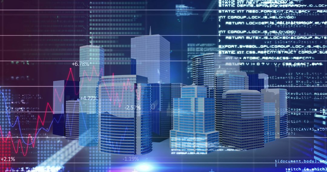 Futuristic Cityscape with Data Overlay Illustrating Global Finance