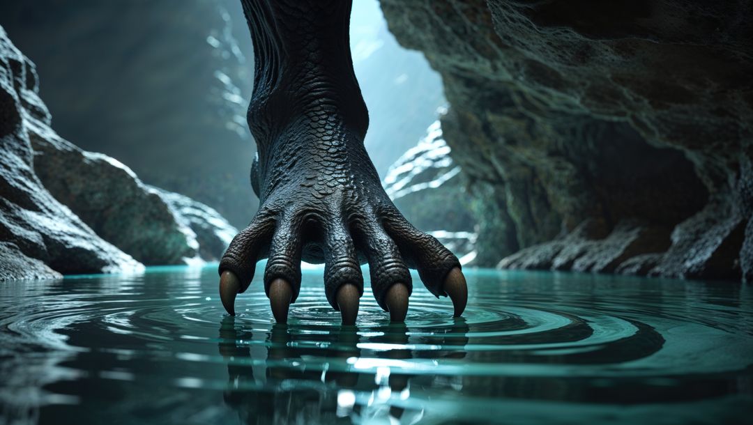 Demon reptilian foot with sharp claws dipping into cave water