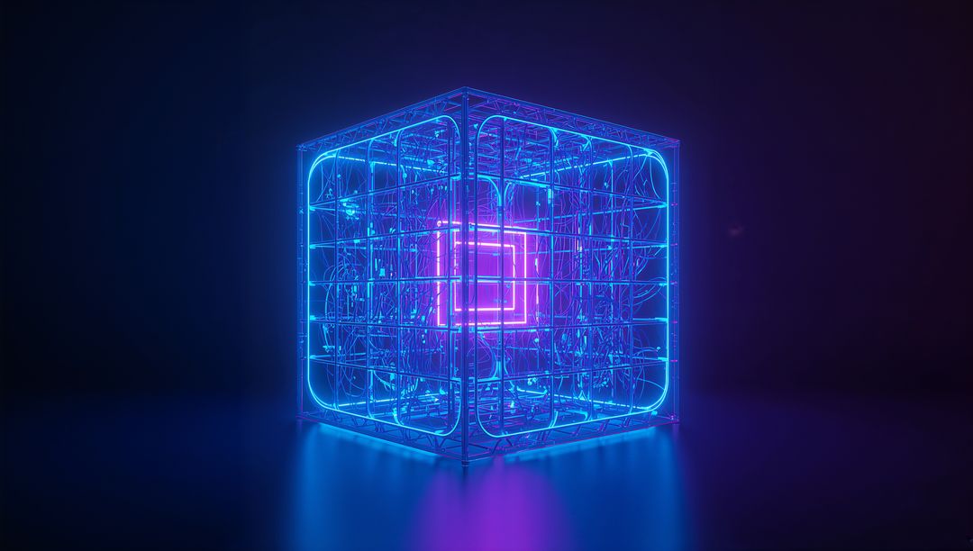 Futuristic Neon Cybernetic Cube with Glowing Tubes