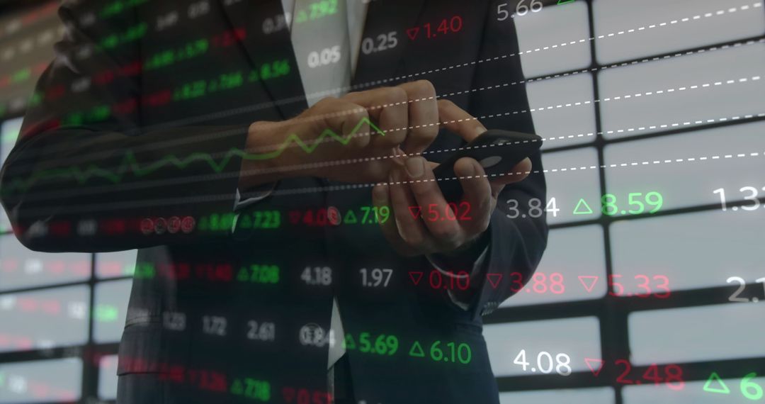 Businessman Utilizing Smartphone with Overlayed Stock Data